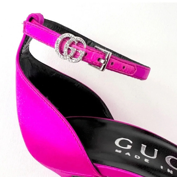 New GUCCI Crystal GG Embellished Hot Pink Fuchsia Satin Heel Sandal Ankle Strap - Picture 13 of 14